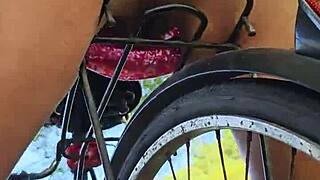 pov close-up of pee and masturbation on bike with butt plug and no panties selfie