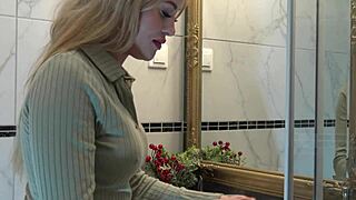 Hot new blonde wife casually changes panties in the bathroom