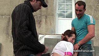 Redhead amateur student gets hard anal in outdoor threeway with French flair. Wild group action unfolds!