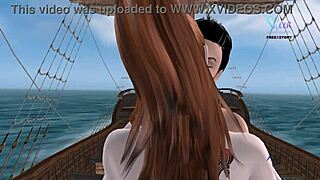 Cute couple having fun on the pirate ship in 3D cartoon