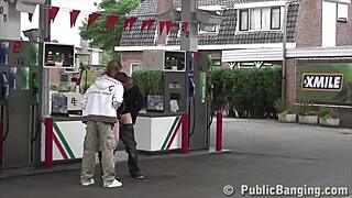 Pregnant teen in public threesome gangbang at gas station spot