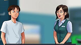 Milf teacher shows big tits in game