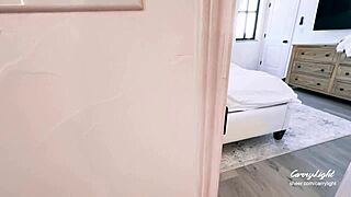 Step mom caught fingering her tight pussy, then fucked hard while husband’s away.