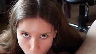 Teen slut looks in eyes while sucking dick and balls until cumshot in mouth