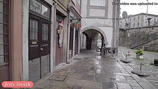 jeny smith experiences strap bondage in public setting. heels and shoes add to outdoor scene.