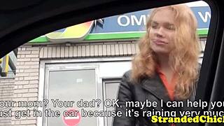 Hitchhiking european blonde masturbates outdoors close up