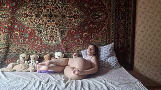 Girl in nylon pantyhose seduces on camera, then fucks her hairy pussy with huge dildo and cums hard with vibrator