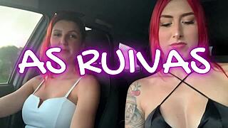 Two redheads flash their big natural tits to strangers outdoors.