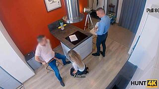 nymph in sexy clothes gives blowjob to client in front of bf.