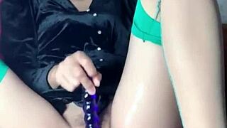 mature woman in stockings uses toy