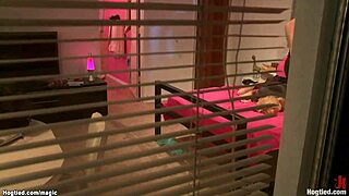 Bound student gets her tight pussy fucked hard while gagging on a massive cock.