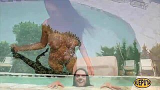 Erotic nude woman with big tits bathes in pool