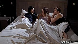 Stepmom and stepson sharing a college girl in threesome