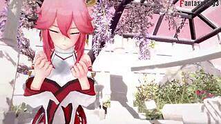 Yae Miko enjoys sex in Genshin Impact with ahegao pink-haired girl