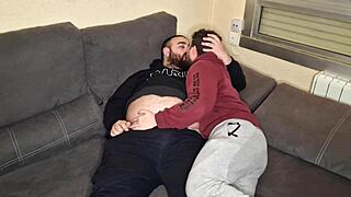 oso and chaser suck big cocks in 69 on sofa, teasing with cum in mouth.