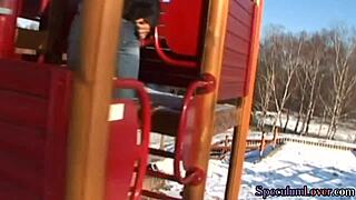 Big boobed woman uses a speculum on herself and masturbates