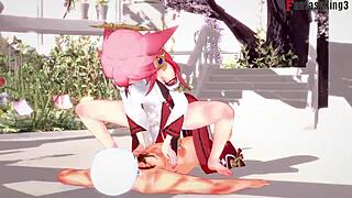 Yae Miko enjoys sex in Genshin Impact with ahegao pink-haired girl