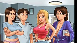 Pervert neighbor peeks at shy blonde and slutty friend flaunting big perky boobs in cheerleader uniforms.