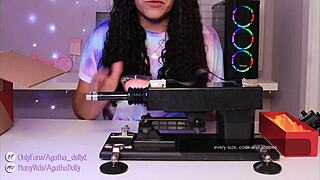 Agatha Dolly unboxes her new sex machine and tests it on all fours.