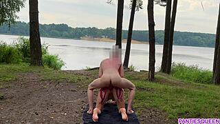 Naked blonde rides outdoors publicly. She receives a load on her chest