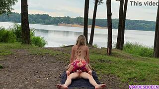 Naked blonde rides outdoors publicly. She receives a load on her chest