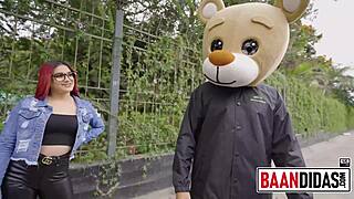 Why does the horny redhead take milky bear to fuck in the studio?