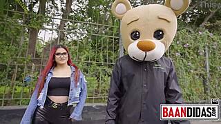 Why does the horny redhead take milky bear to fuck in the studio?