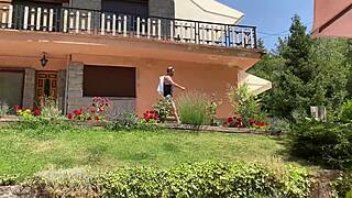 Balcony blowjob leads to poolside sex and footjob fun