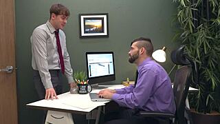 gay office workers argue over promotion then blowjob and fuck bareback in office