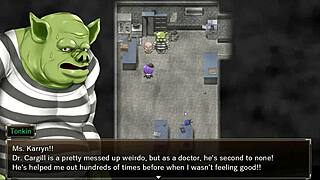 karryn gets rough threesome in prison with slime monster and thug, big tits bouncing wildly