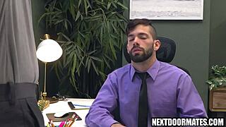 gay office workers argue over promotion then blowjob and fuck bareback in office