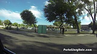 Porta gloryhole redhead mouth pumped full of cum in public outdoor spot
