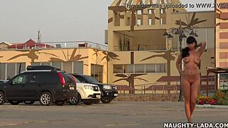 Public nudity and barefoot action with a mature woman