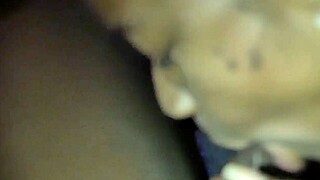 Wow, ebony babe spits on monster cock then sucks it in car!