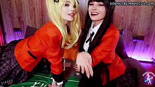 mary licks and fucks yumeko with toys in horny cosplay creampie