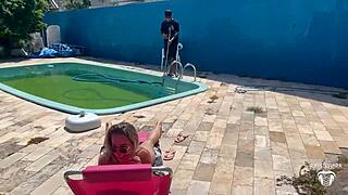 Blonde Wife Cheats With Pool Cleaner In Sheer Outfit.