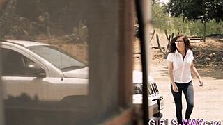 Skinny brunette lesbian babe with small tits performs oral sex