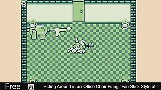 Riding around in office chair firing twin-stick style at erotic comedy twins