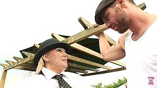 chunky blonde babe outdoors with two guys