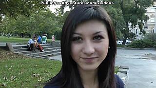 Brunette fucks naked on street in public.