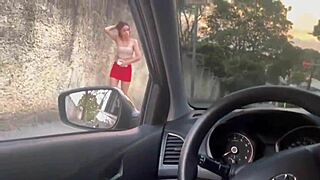 Hot babe masturbates at bus stop in public.