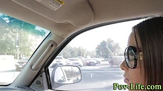 The pov shows the teen's mouth getting spunked with cum from a big cock.