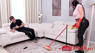 Horny brunette maid Kari gives blowjob.