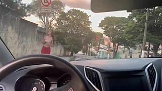 Hot babe masturbates at bus stop in public.