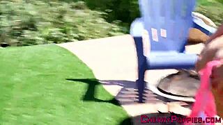 I watched a brunette teen in bikini showing off her tits outdoors