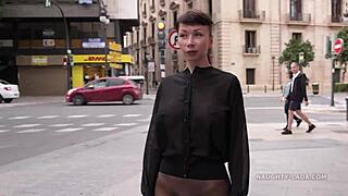 milf flashes seamless pantyhose in public without skirt, see through leggings teasing outdoors