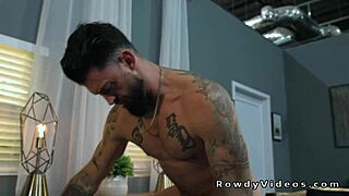 Tattooed muscle hunk anal fucks newbie with big cock and cums!