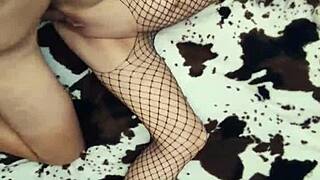 milf wife in fishnet body gets her anal stretched