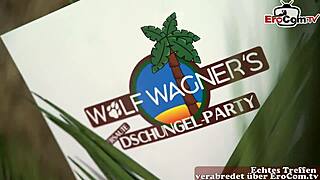 German blonde plays funny sex game on TV and masturbates.