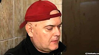 A cute boy joins the gay orgy with kissing and cum in outdoor toilet